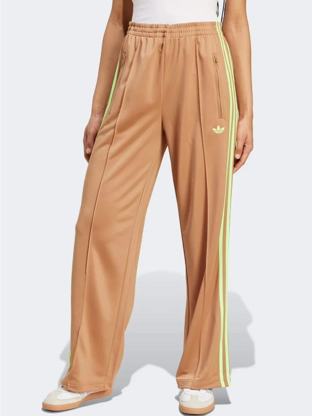 adidas Tan Wide-Leg Track Pants with Neon Green Stripes NWT